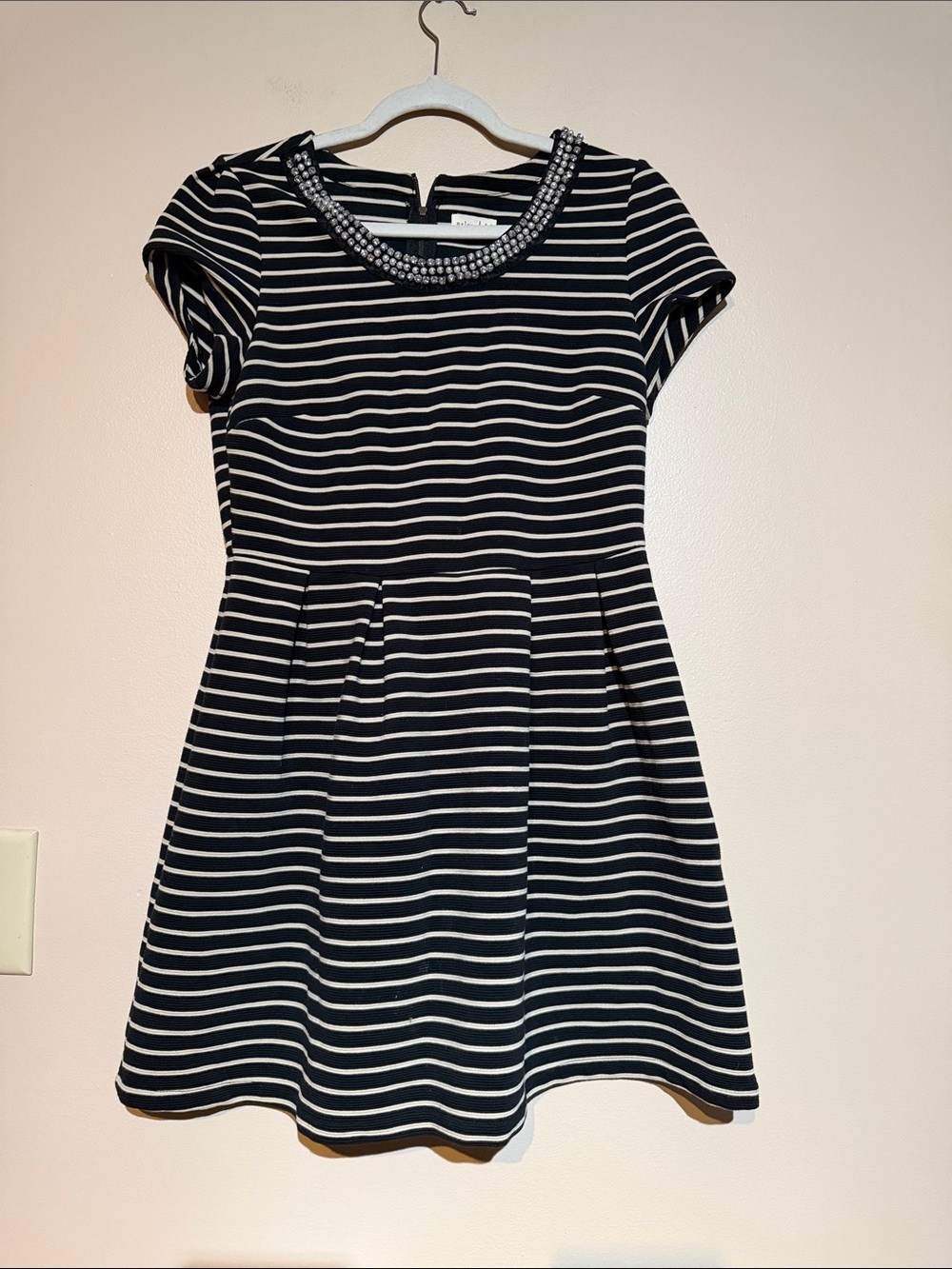 Maison Jules Black and White Striped Fit-and-Flare Dress with Beaded Neckline
